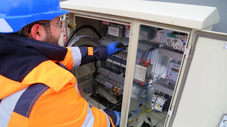 Electrician care lucrează la un tablou electric